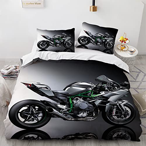 BIJOOT Motocross Motorrad Bettwäsche Weiche Mikrofaser Bettdeckenbezug 3D Drucken Bettdeckenbezug 155X220 155X220 cm Mit 2 Stücke 80X80Cm Kissenbezügen von BIJOOT