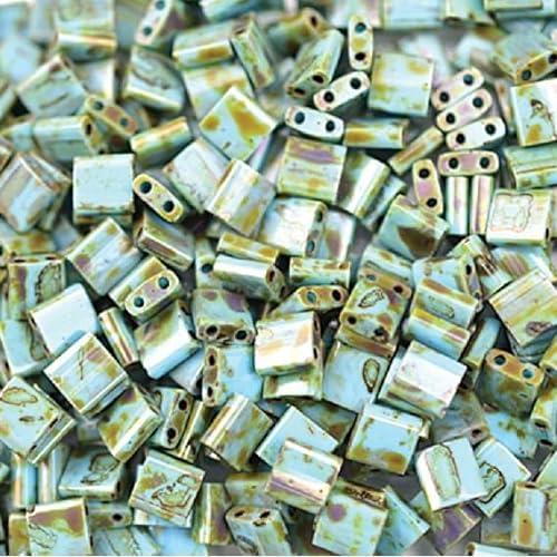 5 g Miyuki 2-hole Beads Japan Glass, size Tila 5 x 5 mm, Picasso Opaque Seafoam Green # 4514 von BIJOUX COMPONENTS