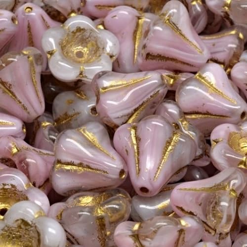 6 stück Glass beads Pressed - flowers, bells, pink with golden 11 x 13 mm pink with golden 731/54302 von BIJOUX COMPONENTS
