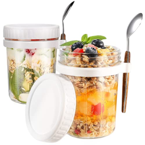 BIKALAN Glas Müslibecher to go mit Löffel, 400ml Joghurtbecher Overnight Oats Gläser, Luftdicht Behälter für Jogurt Müsli Mepal Porridge Milch Früchte (Weiß) von BIKALAN