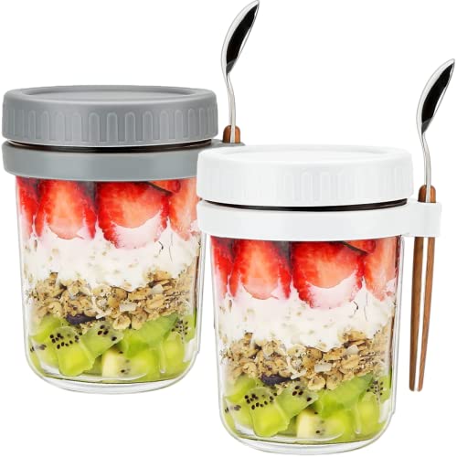 BIKALAN Glas Müslibecher to go mit Löffel, 400ml Joghurtbecher Overnight Oats Gläser, Luftdicht Behälter für Jogurt Müsli Mepal Porridge Milch Früchte (Weiß & Grau) von BIKALAN