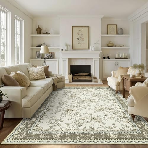 Boho-Wohnzimmerteppich, waschbar, niedriger Flor, rutschfest, für Schlafzimmer, Esszimmer, Büro, Bauernhaus, Retro-Teppich, Innenbereich, Grau / Beige / Hellbraun, ästhetischer Skizzen-Stil von BILEEHOME