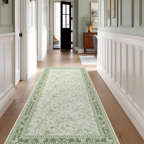 Küchenteppich, 7,6 x 20,3 cm, modern, Vintage, Boho, Bauernhaus, einzigartig, Blumenmuster, Salbei, Creme, Beige, Pfingstrose, Lilien, Skizzen-Stil, waschbar, niedriger Flor, rutschfest, extra lang von BILEEHOME