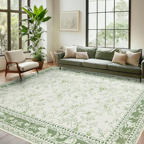 Salbeigrün Teppiche für Schlafzimmer, 17,8 x 22,9 cm, für Wohnzimmer, maschinenwaschbar, Hellgrün, Creme, Beige, bedruckt, rutschfest, Vintage-Blumenmuster, Used-Look, Boho, Bauernhaus-Teppich für von BILEEHOME