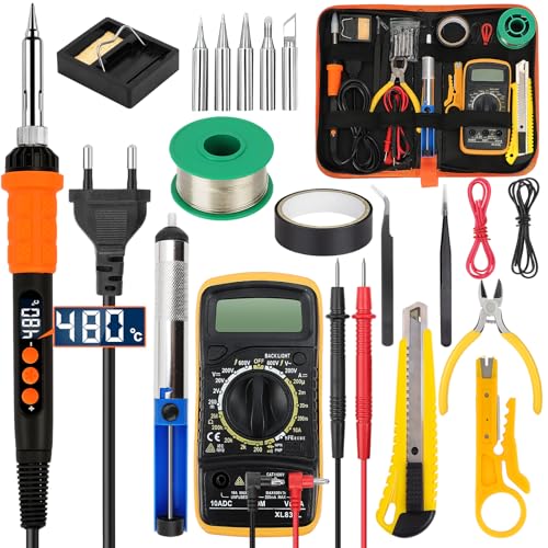 BILIPLE 90W Lötkolben Set, Lötkolben mit Temperatur Einstellbar 180℃-480℃, Lötset Soldering Kit mit Digitalmultimeter, 100g Lötdraht, 5 Lötspitzen, Entlötpumpe, Lötkolbenständer, Pinzette von BILIPLE