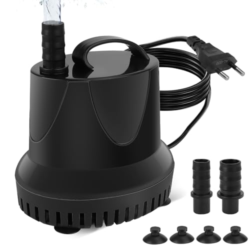 Mini Wasserpumpe (2000L/H, 25W) Teichpumpe/Brunnenpumpe/Aquarium Pumpe, Springbrunnenpumpe Maximale Sprühhöhe 1,8m, 4 Saugnäpfe an der Unterseite, 1,4 m Steckerkabel mit 2 Düsen(12/16mm),Geräuscharm von BILIPLE