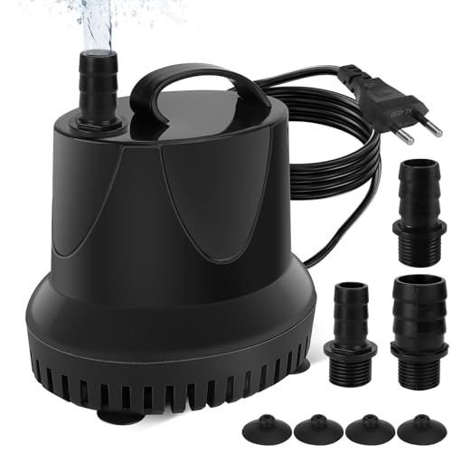 Mini Wasserpumpe (2800L/H, 45W) Teichpumpe/Brunnenpumpe/Aquarium Pumpe, Springbrunnenpumpe Maximale Sprühhöhe 2,8m, 4 Saugnäpfe an der Unterseite, 1,4 m Steckerkabel mit 3 Düsen(15/19/25mm) von BILIPLE