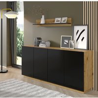 Kommode aura 4D 198x41x89 cm Sideboard mit 4 Türen, Wohnzimmerkommode, Viel Stauraum, Modern, Grifflos Eiche Artisan/Mattschwarz von BIM FURNITURE
