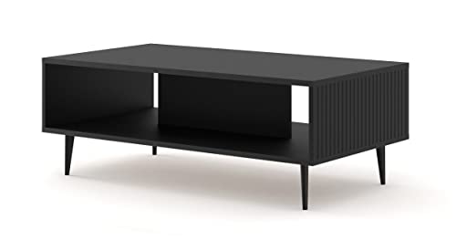 BIM Furniture Couchtisch Ravenna B 90 x 60 cm gefräste MDF-Dekorationen auf Schwarze Metallbeinen EIN Kaffeetisch Tisch mit Regal (Schwarz Matt) von BIM Furniture