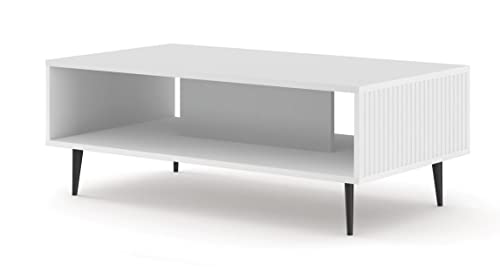 BIM Furniture Couchtisch Ravenna B 90 x 60 cm gefräste MDF-Dekorationen auf Schwarze Metallbeinen EIN Kaffeetisch Tisch mit Regal (Weiß Matt) von BIM Furniture