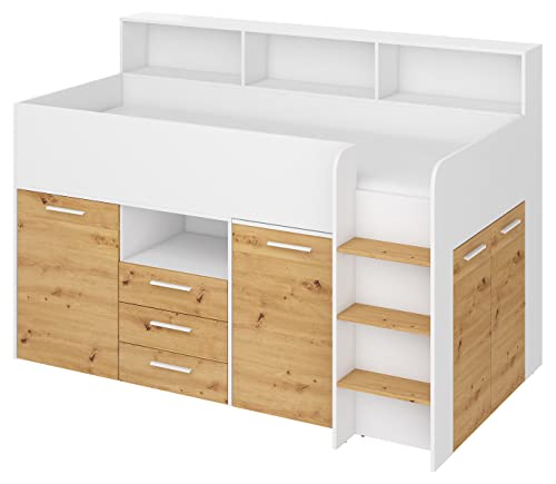 BIM Furniture Etagenbett NEO P Kindermöbel, Möbelset für Kinderzimmer, EIN Bett mit Schreibtisch, Regalen, Schubladen: Rechte Seite (weiß/Artisan Eiche), 80 x 200 cm von BIM Furniture