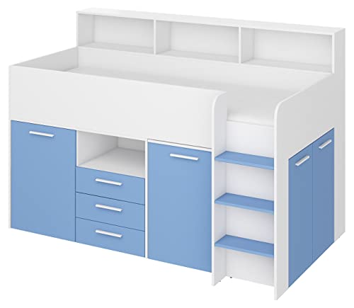 BIM Furniture Etagenbett NEO P Kindermöbel, Möbelset für Kinderzimmer, EIN Bett mit Schreibtisch, Regalen, Schubladen: Rechte Seite (weiß/blau) von BIM Furniture