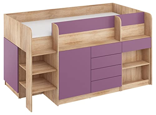 BIM Furniture Etagenbett Smile L Kindermöbel, Möbelset für EIN Kinderzimmer, EIN Bett mit Schreibtisch, Regalen, Schubladen: Linke Seite (Sonoma Eiche/Violett) von BIM Furniture