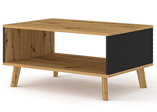 BIM Furniture Kaffeetisch Couchtisch LUXI 90x60 cm Beistelltisch Tisch mit Regal, Eiche Artisan, Fertigstellung schwarz matt gefräst MDF, Beine aus Massivholz von BIM Furniture