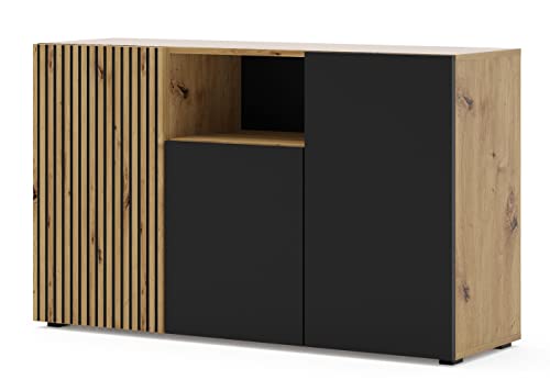 Homlando Kommode AURIS – Sideboard 42x135x82 cm mit 3 Türen, Wohnzimmer Kommode, Eichenholz Optik – Schwarz/Artisan Eiche von Homlando