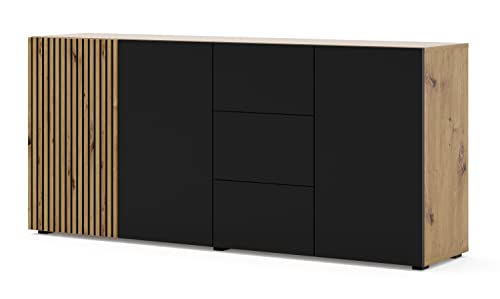 BIM Furniture Kommode AURIS 3D3S 180 cm Sideboard Highboard Schrank mit 3 Türen 3 Schubladen Artisan Eiche/Schwarz Matt von BIM Furniture