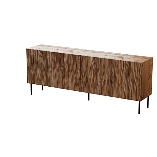 BIM Furniture Kommode Jungle 4D 190 cm mit gefräste dekorierte MDF-Fronten auf Metallbeinen Buffet Sideboard Cabinet mit 4 Schränken (Wotan Oak, Schwarze Beine) von BIM Furniture