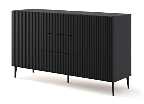 BIM Furniture Kommode Ravenna B 2D3S 150 cm mit gefräster Front Hochwertiges MDF, Sideboard, Buffet auf Schwarze Metallstiftbeinen, 2 Schränke, 3 Schubladen (Schwarz Matt) von BIM Furniture