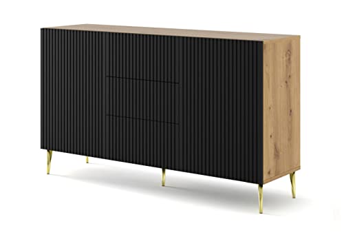 BIM Furniture Kommode Ravenna B 2D3S 150 cm mit gefräster Front Hochwertiges MDF, Sideboard, Buffet auf goldenen Metallstiftbeinen, 2 Schränke, 3 Schubladen (Eiche Artisan + Schwarz Matt) von BIM Furniture