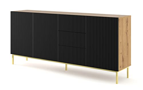 BIM Furniture Kommode Ravenna B 3D3S 200 cm gefräst MDF, Sideboard Highboard Schrank, 3 Türen, 3 Schubladen (Artisan Eiche/Schwarz Matt) von BIM Furniture