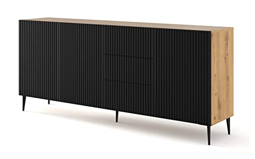 BIM Furniture Kommode Ravenna B 3D3S 200 cm mit gefräster Front Hochwertiges MDF, Sideboard, Buffet auf Schwarze Metallstiftbeinen, 3 Schränke, 3 Schubladen (Artisan Eiche + Schwarz Matt) von BIM Furniture