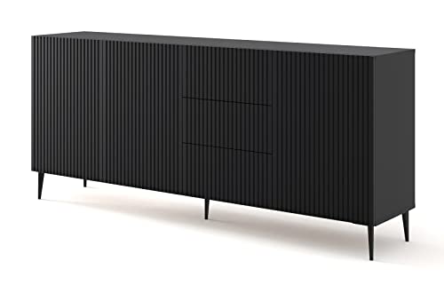 BIM Furniture Kommode Ravenna B 3D3S 200 cm mit gefräster Front Hochwertiges MDF, Sideboard, Buffet auf Schwarze Metallstiftbeinen, 3 Schränke, 3 Schubladen (Schwarz Matt) von BIM Furniture