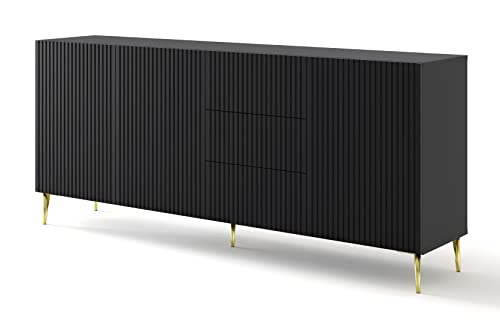 BIM Furniture Kommode Ravenna B 3D3S 200 cm mit gefräster Front Hochwertiges MDF, Sideboard, Buffet auf goldenen Metallstiftbeinen, 3 Schränke, 3 Schubladen (Schwarz Matt) von BIM Furniture