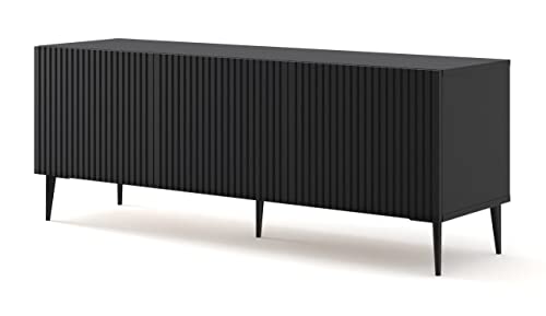 BIM Furniture TV-Schrank Ravenna B 150 cm 3D mit gefräster Front Hochwertiges MDF Metallbeine Lowboard Schrank Sideboard Kommode Fernsehtisch (Schwarze Matte, Schwarze Beine) von BIM Furniture