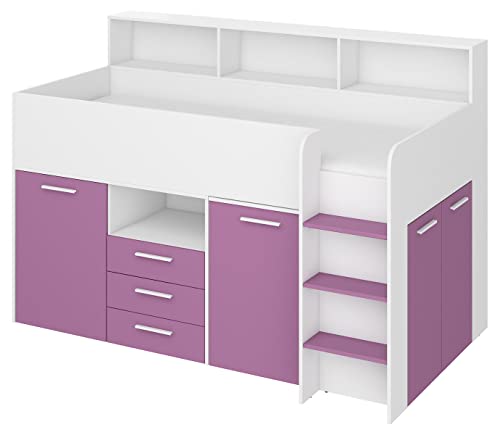 BIM Furniture Etagenbett NEO P Kindermöbel, Möbelset für Kinderzimmer, EIN Bett mit Schreibtisch, Regalen, Schubladen: Rechte Seite (weiß/Lavendel), 80 x 200 cm von BIM Furniture