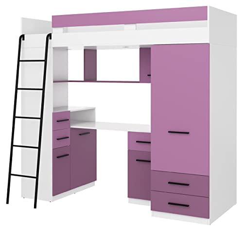 BIM Furniture Hochbett Etagenbett Entresole SMYK L Bett 200x80 cm mit Treppen Kinderbett Kleiderschrank Regal Schreibtisch Kinder Möbel Set Linke Seite (Weiß/Lavendel/Violett) von BIM Furniture