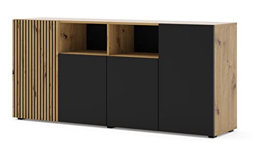 BIM Furniture Kommode AURIS 4D 180 cm Sideboard Highboard Schrank mit 4 Türen Artisan Eiche/Schwarz Matt, Large von BIM Furniture