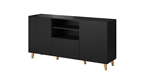 BIM Furniture Kommode Pafos 150 cm mit gefräster Front MDF Sideboard Highboard Schrank offene Regale Büfett (Schwarz) von BIM Furniture