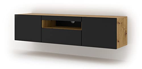 BIM Furniture Lowboard TV 150 cm - Universell Sideboard mit Laminierten Fronten und LED, Hängend oder stehend - Fernsehschrank HiFi Schrank fürs Wohnzimmer Artisan Eiche und Schwarz Matt von BIM Furniture