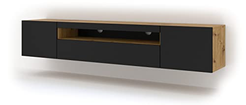 BIM Furniture Lowboard TV Schrank Aura 200 cm Hängend oder Stehen universal Unterschrank Fernsehschrank TV Board Sideboard HiFi-Tisch Hängender Schrank (Artisan Eiche und Schwarze Matte mit LED) von BIM Furniture