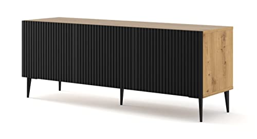 BIM Furniture TV-Schrank Ravenna B 150 cm 3D mit gefräster Front Hochwertiges MDF Metallbeine Lowboard Schrank Sideboard Kommode Fernsehtisch (Eiche Artisan/schwarz matt, Schwarze Beine) von BIM Furniture