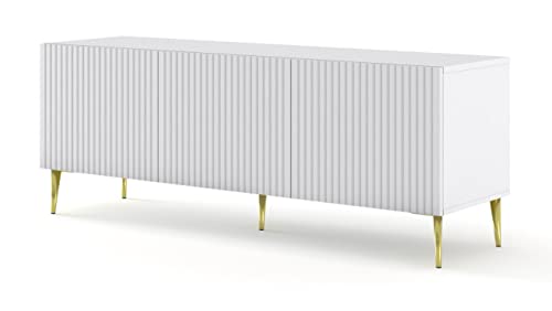 BIM Furniture TV-Schrank Ravenna B 150 cm 3D mit gefräster Front Hochwertiges MDF Metallbeine Lowboard Schrank Sideboard Kommode Fernsehtisch (Weiße Matte, goldene Beine) von BIM Furniture