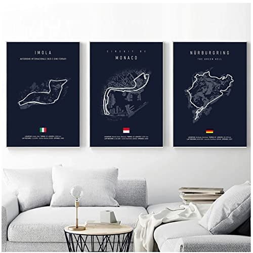 BINGJIACAI Imola Monaco Formel 1 Strecke Karte Leinwand Malerei Nordic Poster Und Drucke Wandkunst Bilder Wohnzimmer Dekor-40x60cmx3 Ungerahmt von BINGJIACAI