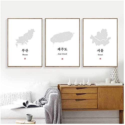 BINGJIACAI Seoul Korea Stadtplan Wandkunst Bild Druck Koreanische Buchstaben Leinwand Malerei Busan & Jeju Insel Karte Süd Poster Home Decor-40x60cmx3 Ungerahmt von BINGJIACAI