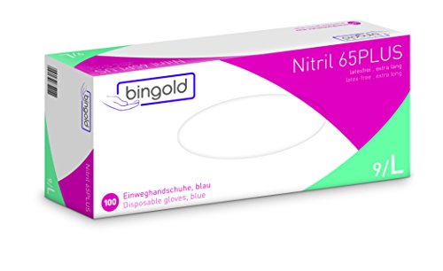 BINGOLD 632003 Nitrile 65 Plus Einweghandschuhe, Puderfrei, Anatomisch Geformt, nach Cat. III, Größe L, Blau (Packung mit 100 Stück) von BINGOLD