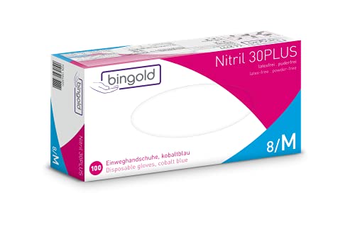 BINGOLD Nitrilhandschuhe 30PLUS in kobaltblau | 100 Stück Einmalhandschuhe in der Größe M | Puderfreie Untersuchungshandschuhe ohne Latex | Wegwerf Handschuhe Nitril | Hypoallergen & Medizinisch von BINGOLD