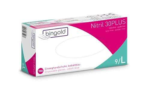 Einmalhandschuhe BINGOLD Nitril 30PLUS, Nitrilhandschuhe, kobaltblau, Größe L, 100-er Pack von Bingold