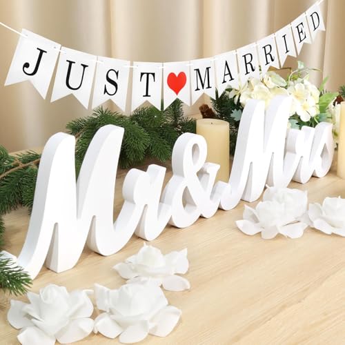 Weiße Holzschilder "Mr and Mrs" für Hochzeitstisch, Tischschilder aus Holz für Zeremonie und Empfang – Tafelaufsatz Dekorationen mit Just Married Banner Geschenke von BINSUNS