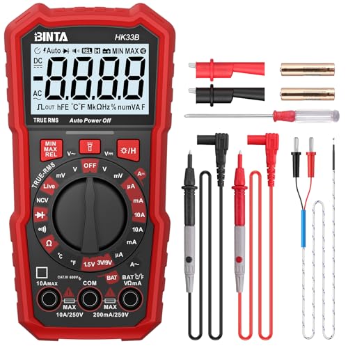 BINTA Digital Multimeter 2000 Count, AC/DC Voltage, AC/DC Current, Widerstand, Temperatur, Diodentests, NCV, Live, 1,5V/3V/9V Batterietester mit LCD-Anzeige und Hintergrundlicht BINTA Digital Multimeter 2000 Count, AC/DC Voltage, AC/DC Current, Widerstand, Temperatur, Diodentests, NCV, Live, 1,5V/3V/9V Batterietester mit LCD-Anzeige und Hintergrundlicht von BINTA