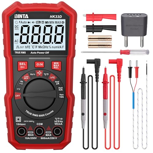 BINTA Digital Multimeter Auto-Range 6000 Count, AC/DC Voltage und Current, Widerstand, Kapazität, Frequenz, Temperatur, Durchgang, Diodentests, NCV, Live, HFE, mit LCD-Anzeige und Hintergrundlicht BINTA Digital Multimeter Auto-Range 6000 Count, AC/DC Voltage und Current, Widerstand, Kapazität, Frequenz, Temperatur, Durchgang, Diodentests, NCV, Live, HFE, mit LCD-Anzeige und Hintergrundlicht von BINTA