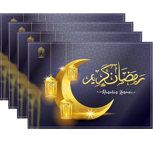 4er Set Ramadan tischdeko,blau mond Laternen placemat Baumwolle Leinen tischdekoration 44 * 33cm tischsets platzsets abwaschbar Tisch Dekoration Ramadan Mubarak Dekoration von BINXWA