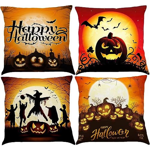 BINXWA Halloween Kissen 4 Stück,Kissenbezug 45x45cm Kürbis Baumwolle Leinen Kissenbezug Halloween Dekoration für Wohnzimmer Sofa Garten Halloween deko Set von BINXWA