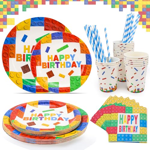 BINYI Baustein Partygeschirr Set Partyteller 100 Stück Geburtstag Geschirr Pappteller Pappbecher Servietten Set für Kindergeburtstag Party Tischdeko Zubehör für 20 Gäste von BINYI