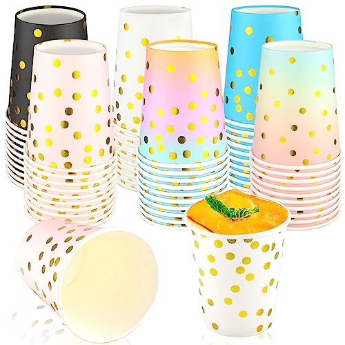 Pappbecher Einwegbecher Bunte Trinkbecher Becher Einweg mit Gold Dot Partybecher 250ml Disposable Paper Cups Papierbecher für Party Weihnachtsfeier Kinderparty Hochzeit 60 Stück (A) von BINYI