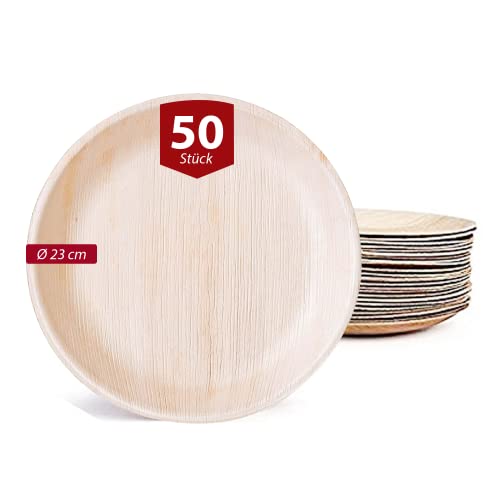 BIODORF Palmblattgeschirr | 50 Teller (Ø 23 cm Rund) | Bio Einweggeschirr biologisch abbaubar Partygeschirr chemiefrei | Einweg Teller Holz | Premium Einwegteller von BIODORF