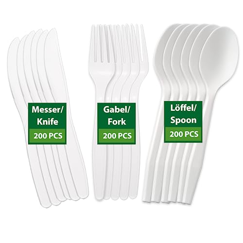 BIODORF Umweltfreundliche Mehrweg Besteck|600 Stück (je 200 Kompostierbare Gabel, Messer, Löffel)|Plastikfrei|Biologisch abbaubar Besteck von BIODORF
